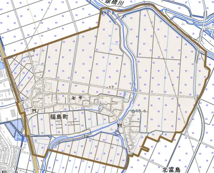 福島町とその周辺の地図。町の範囲を重ねている