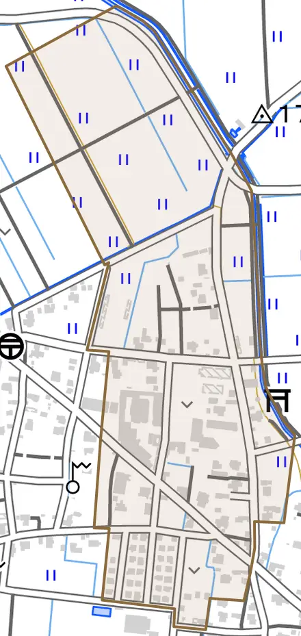 福戸町とその周辺の地図。町の範囲を重ねている