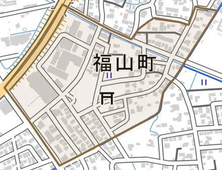 福山町とその周辺の地図。町の範囲を重ねている