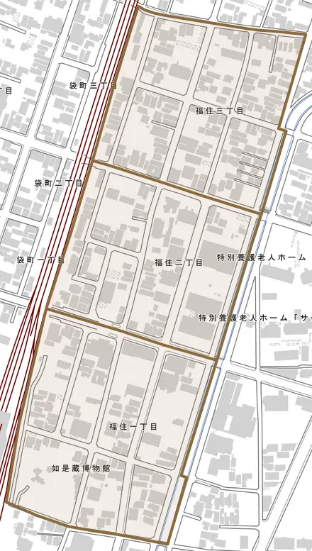 福住とその周辺の地図。町の範囲を重ねている