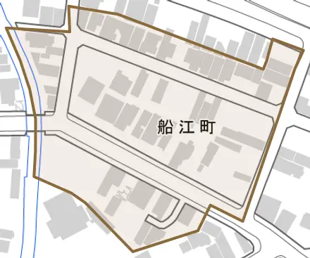 船江町とその周辺の地図。町の範囲を重ねている