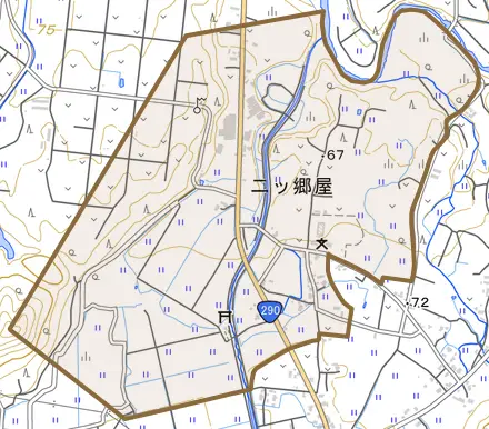 二ツ郷屋とその周辺の地図。町の範囲を重ねている