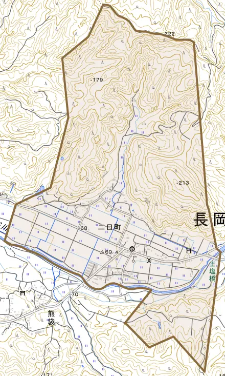 二日町とその周辺の地図。町の範囲を重ねている