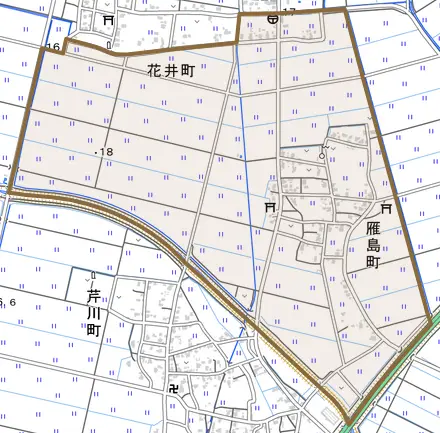 雁島町とその周辺の地図。町の範囲を重ねている