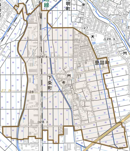下条町とその周辺の地図。町の範囲を重ねている