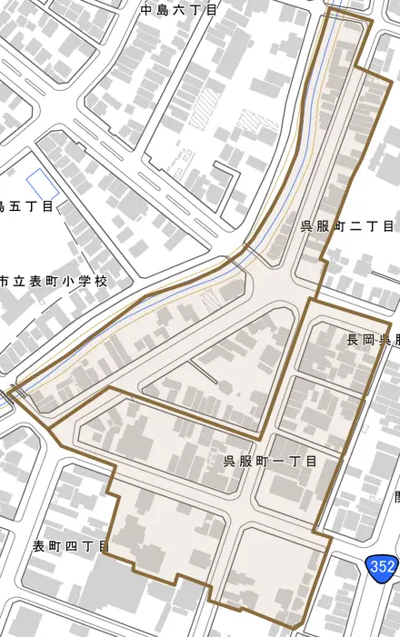 呉服町とその周辺の地図。町の範囲を重ねている