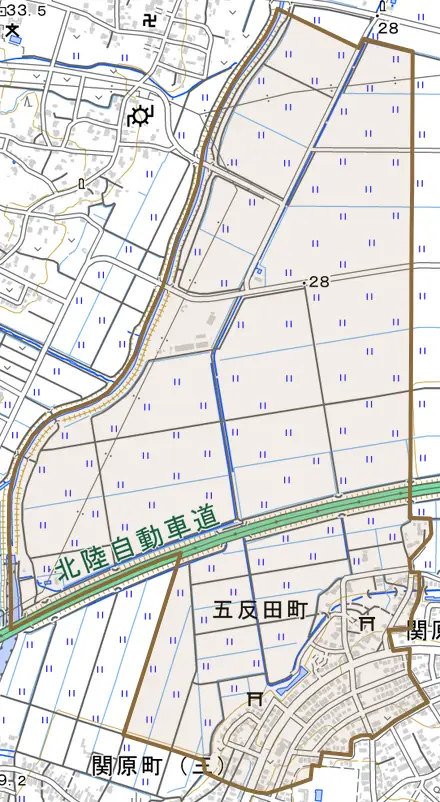 五反田町とその周辺の地図。町の範囲を重ねている