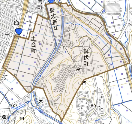 鉢伏町とその周辺の地図。町の範囲を重ねている