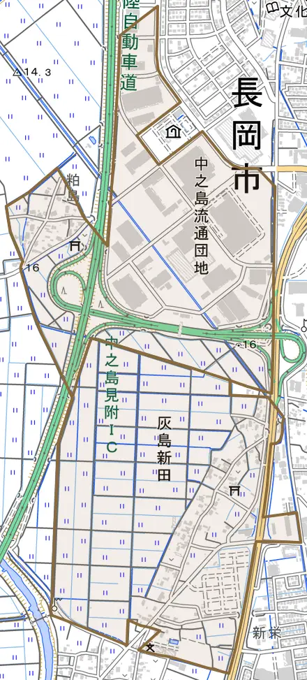 灰島新田とその周辺の地図。町の範囲を重ねている