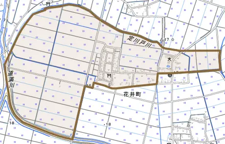 花井町とその周辺の地図。町の範囲を重ねている