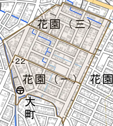 花園とその周辺の地図。町の範囲を重ねている