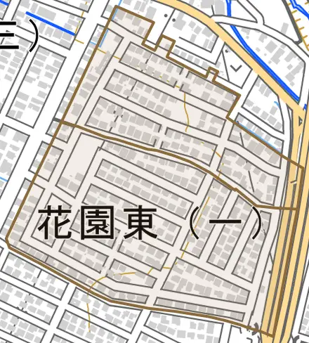 花園東とその周辺の地図。町の範囲を重ねている