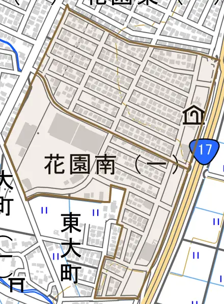 花園南とその周辺の地図。町の範囲を重ねている