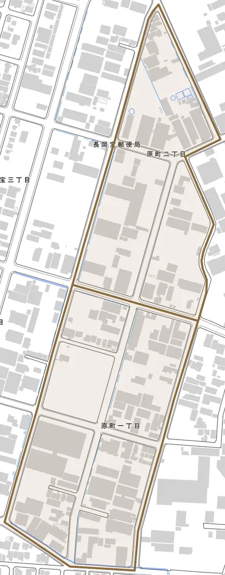 原町とその周辺の地図。町の範囲を重ねている