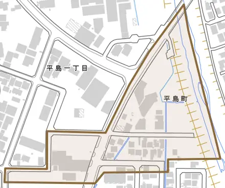 平島町とその周辺の地図。町の範囲を重ねている