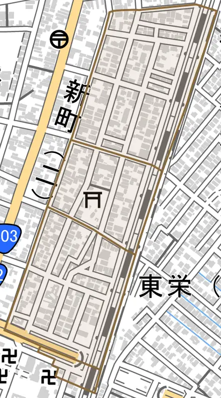 東新町とその周辺の地図。町の範囲を重ねている