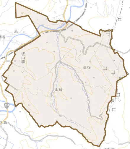 東谷とその周辺の地図。町の範囲を重ねている