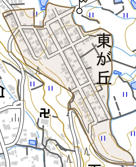 東が丘とその周辺の地図。町の範囲を重ねている