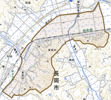 東保内とその周辺の地図。町の範囲を重ねている
