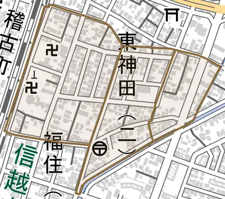 東神田とその周辺の地図。町の範囲を重ねている