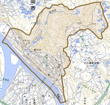 東川口とその周辺の地図。町の範囲を重ねている