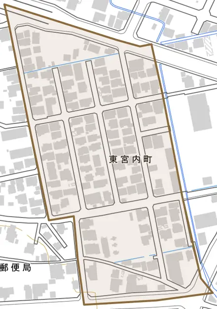 東宮内町とその周辺の地図。町の範囲を重ねている