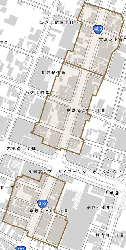 東坂之上町とその周辺の地図。町の範囲を重ねている