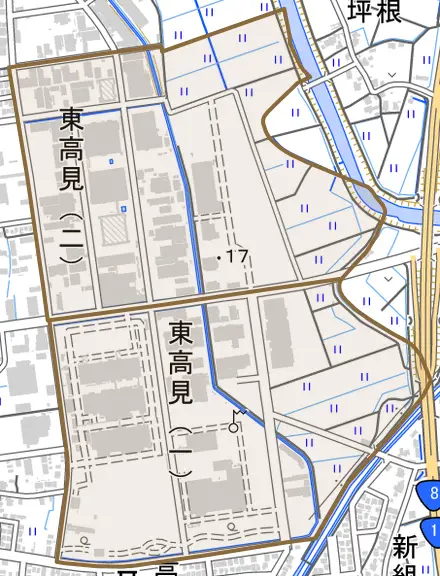 東高見とその周辺の地図。町の範囲を重ねている