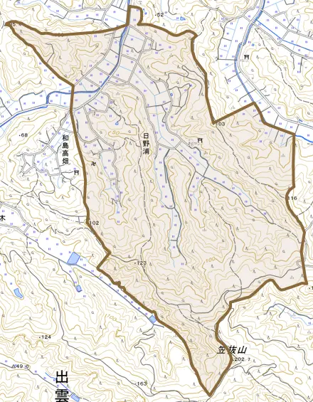 日野浦とその周辺の地図。町の範囲を重ねている