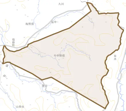 平中野俣とその周辺の地図。町の範囲を重ねている