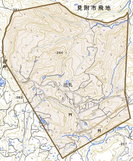比礼とその周辺の地図。町の範囲を重ねている