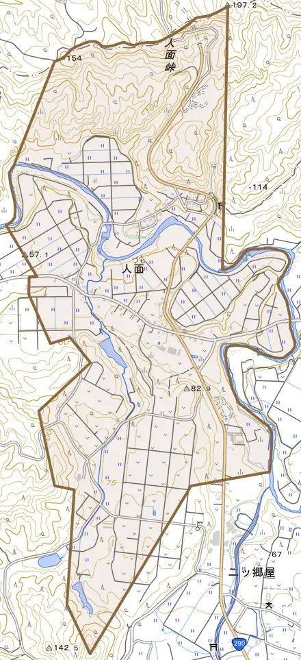 人面とその周辺の地図。町の範囲を重ねている