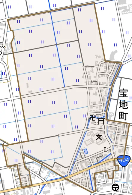 宝地町とその周辺の地図。町の範囲を重ねている