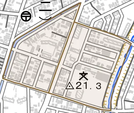 干場とその周辺の地図。町の範囲を重ねている