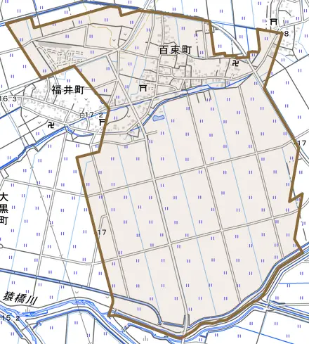 百束町とその周辺の地図。町の範囲を重ねている