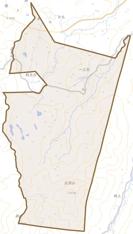 一之貝とその周辺の地図。町の範囲を重ねている