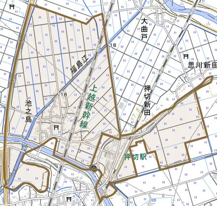 池之島とその周辺の地図。町の範囲を重ねている