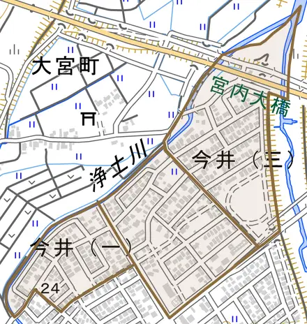 今井とその周辺の地図。町の範囲を重ねている