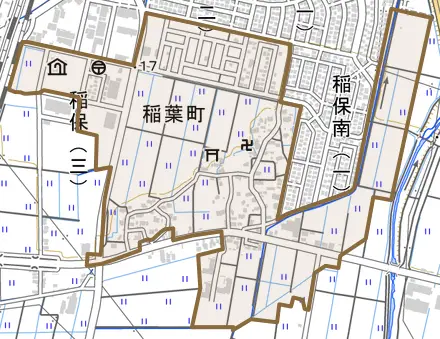 稲葉町とその周辺の地図。町の範囲を重ねている