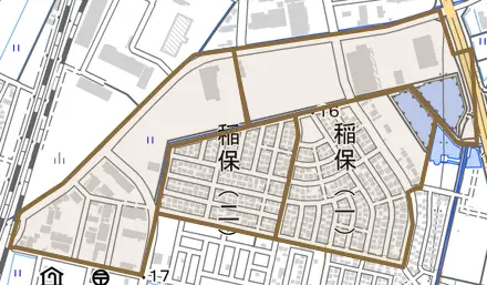 稲保とその周辺の地図。町の範囲を重ねている