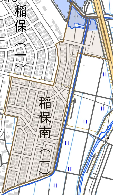 稲保南とその周辺の地図。町の範囲を重ねている