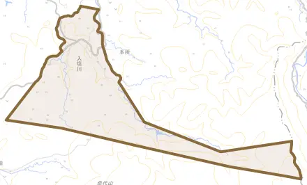 入塩川とその周辺の地図。町の範囲を重ねている