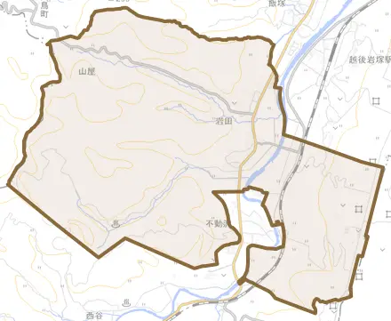 岩田とその周辺の地図。町の範囲を重ねている