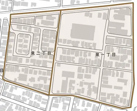泉とその周辺の地図。町の範囲を重ねている