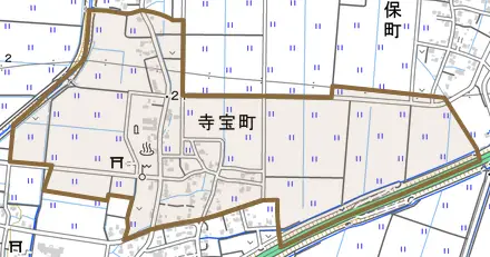 寺宝町とその周辺の地図。町の範囲を重ねている