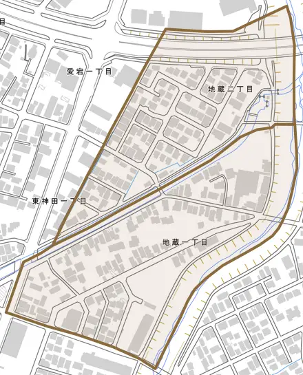 地蔵とその周辺の地図。町の範囲を重ねている