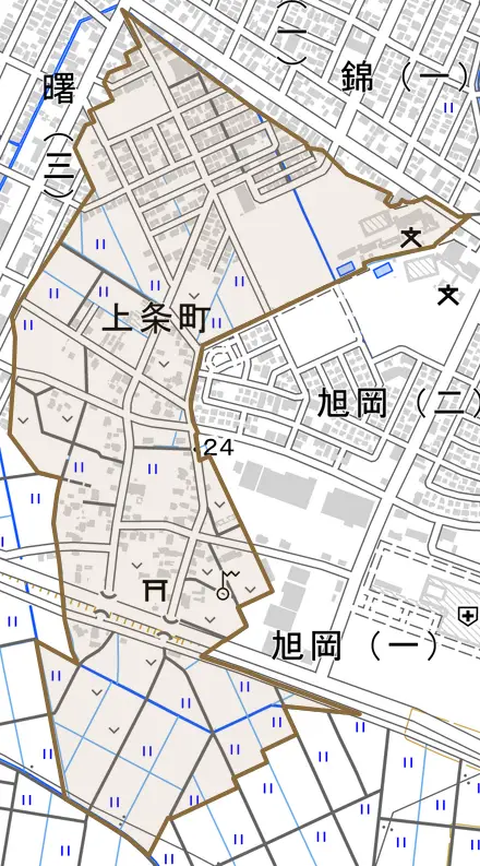 上条町とその周辺の地図。町の範囲を重ねている