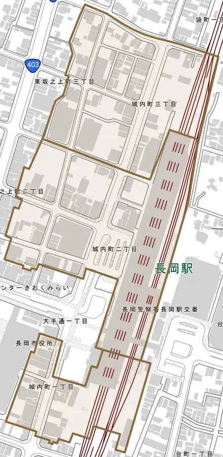 城内町とその周辺の地図。町の範囲を重ねている