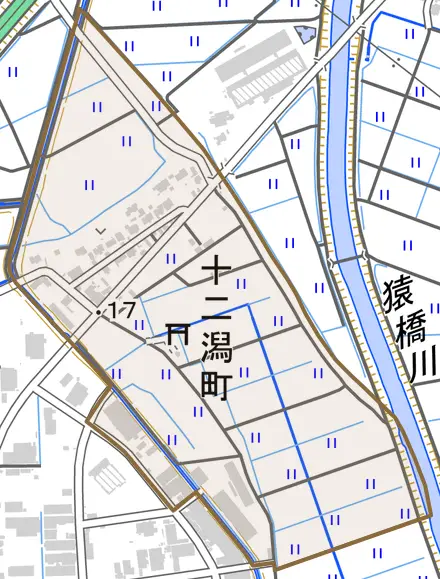十二潟町とその周辺の地図。町の範囲を重ねている