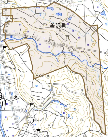 釜沢町とその周辺の地図。町の範囲を重ねている